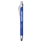 A blue ballpoint pen with a silver clip and tip. The pen is branded with FORTINET written in white along the barrel. A stylus tip is on the opposite end of the pen.