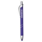 Purple clickable pen with a silver clip and tip, featuring white text PETER ROWLAND on the barrel. The pen has a sleek design with a rubber stylus tip at the end.