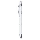 A sleek, white pen with silver accents, including a clip and a top push button. The pen has a smooth, modern design and a stylus tip at the end.