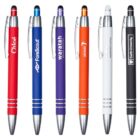 A set of six colorful pens with stylus tips. Each pen has a metal clip and silver accents. They are labeled with different logos: red, blue, purple, orange, white, and black pens, arranged in a row.