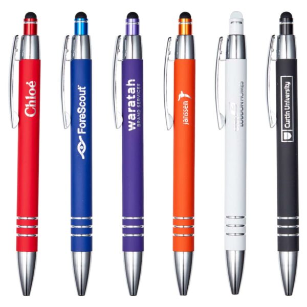 A row of six stylus pens in red, blue, purple, orange, white, and black, each with unique branding logos. The pens have silver clips, tips, and accents, with black stylus tips at the top.