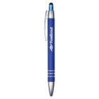 A blue stylus pen with a silver clip and tip, featuring the white text ForeScout printed on its side. The top of the pen has a black rubber tip for touchscreens.