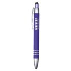 A purple pen with a stylus tip on one end and a silver clip on the side. The pen has silver accents and the word waratah printed on the body.