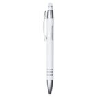 A white ballpoint pen with a silver tip, clip, and accents, featuring a stylus at the top end. The pen displays printed text on its side.
