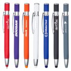 Seven stylus pens in various colors are displayed vertically. Each pen features a logo and clip, with the tip ends in different colors: red, purple, orange, blue, white, gray, and black.