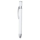 White pen with a silver clip and accents, featuring a retractable tip and a stylus end.