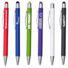 Six colorful pens with silver clips and tips are lined up vertically. Each pen is a different color: red, blue, green, purple, white, and black. They all have printed logos and text in white ink.