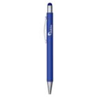 A blue pen with a silver clip and tip, featuring a logo near the top. The pen has a stylus at the end opposite the writing tip.