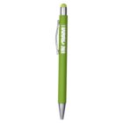 A green pen with a silver clip and tip. There is white text printed on the pen body. The top has a matching green cap.