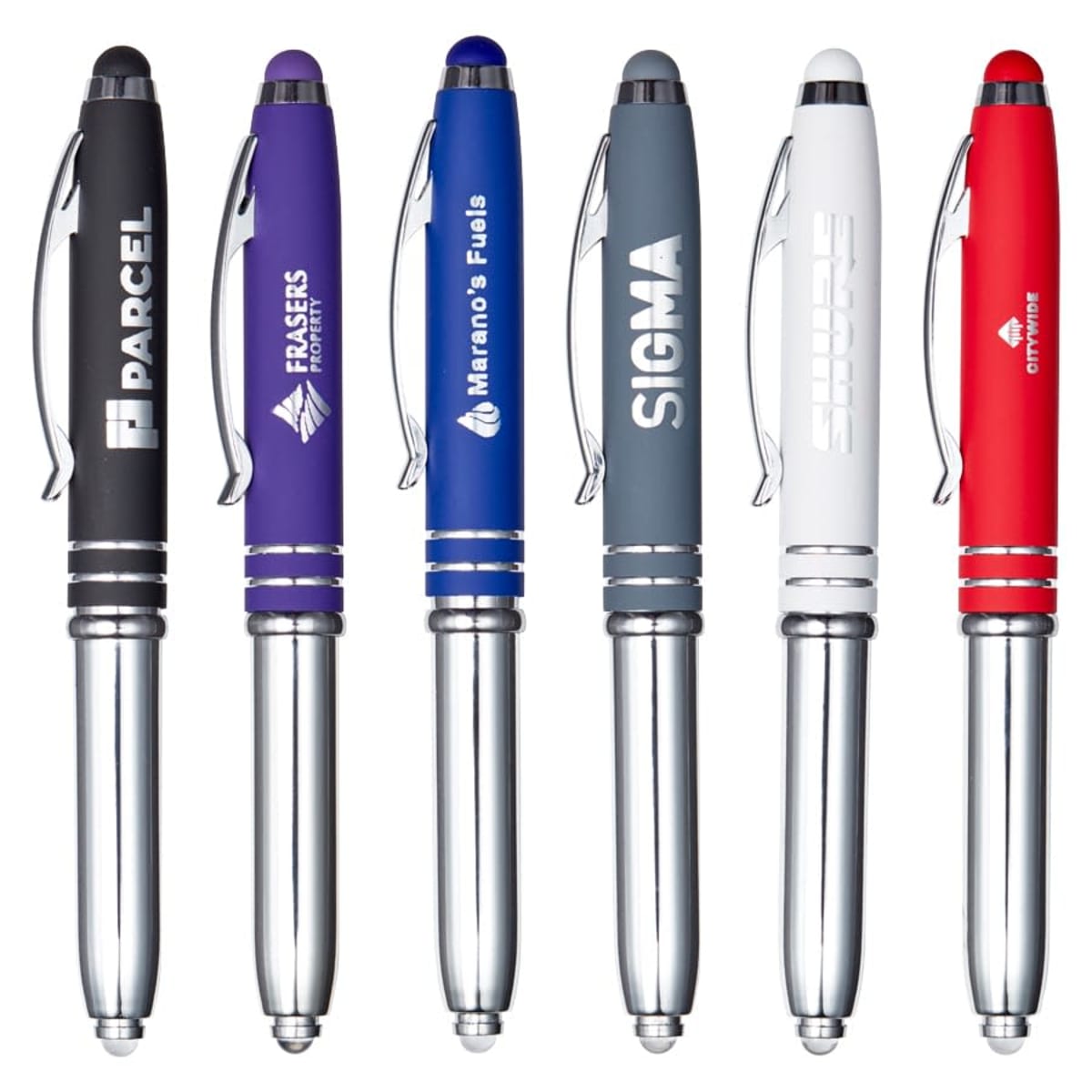 Six pens with silver bases and different colored grips: black, purple, blue, gray, white, and red. Each pen features a branded logo.