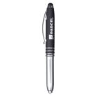 A black and silver pen with a stylus tip on top and the word PARCEL printed on its cap. The pen features a clip and several metallic rings near the center.