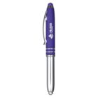 A pen with a shiny silver body and a purple cap featuring a stylus tip. The cap has a clip and a printed logo with text.