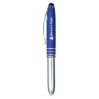 A blue and silver pen with a clip and stylus end. The pen has Maranos Fuels printed in white, along with a logo. It features silver accents and rings near the middle.