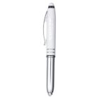 A white and silver pen with a sleek design, featuring a clip on the side and a stylus tip at the top. The barrel is engraved with text in white.