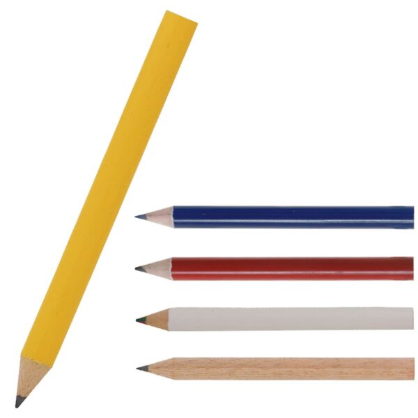 A yellow pencil is positioned vertically on the left, and four horizontally aligned pencils are beside it. The horizontal pencils are colored blue, red, white, and unpainted wood. All have sharpened tips pointing to the right.