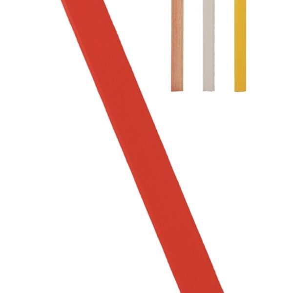 A large red carpenter pencil is diagonal across the image. In the top right corner, there are three smaller pencils in red, white, and yellow. Each pencil is flat and rectangular in shape.