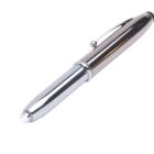 A shiny silver pen with a clip, capped and angled diagonally against a white background.