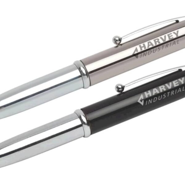 Two ballpoint pens with stylus tips are shown. The top pen is silver with HARVEY INDUSTRIAL printed on the side, and the bottom pen is black with the same branding. Both pens have a sleek, shiny finish.