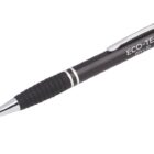 A black ballpoint pen with a silver clip and tip, featuring the text ECO-TEC PTY LTD on its side. The grip area is textured for comfortable handling.