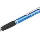 A blue ballpoint pen with a black rubber grip and silver accents. The pen has ECO-TEC PTY LTD printed on its side and features a clip for attachment.