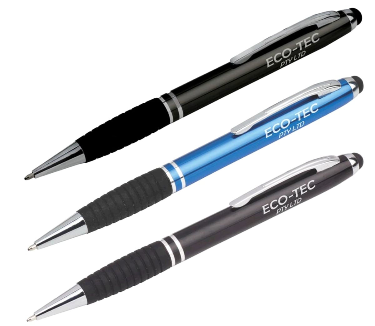 Three ballpoint pens with silver tips and clips are aligned diagonally. The pens are black, blue, and black respectively. Each pen has ECO-TEC PTY LTD printed on the side.