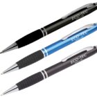Image of three ballpoint pens with silver tips. The pens are black, blue, and gray. Each pen has a rubber grip and a silver clip, with ECO-TEC PTY LTD printed on the barrel.