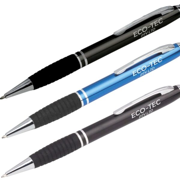 Image of three ballpoint pens with silver tips. The pens are black, blue, and gray. Each pen has a rubber grip and a silver clip, with ECO-TEC PTY LTD printed on the barrel.