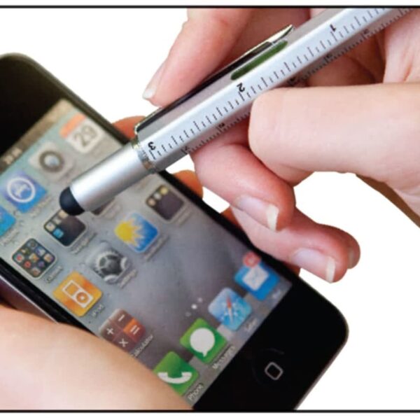 A person using a stylus designed like a pen on a smartphone screen displaying various app icons. The background appears plain.