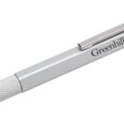 A silver stylus pen with Greenhill Estates printed on the clip. The pen has a textured grip and a black rubber tip at the end for touch screens.