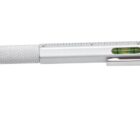 A multifunctional silver pen featuring a stylus cap, a pen tip, and a screwdriver head. It includes a built-in level and a ruler along the barrel. The pen is displayed with the cap and screwdriver head detached.