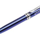 A blue and silver ballpoint pen with a stylus tip on the back end. The pen has HARVEY INDUSTRIAL printed on its body.