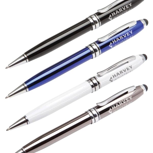 Four ballpoint pens are arranged diagonally on a white background. The pens are black, blue, white, and metallic grey, each with HARVEY and INDUSTRIAL printed in white on the barrel.