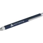 A blue pen with AUS Planning printed on the side. It features a silver clip and tip, and has a stylus at the opposite end.