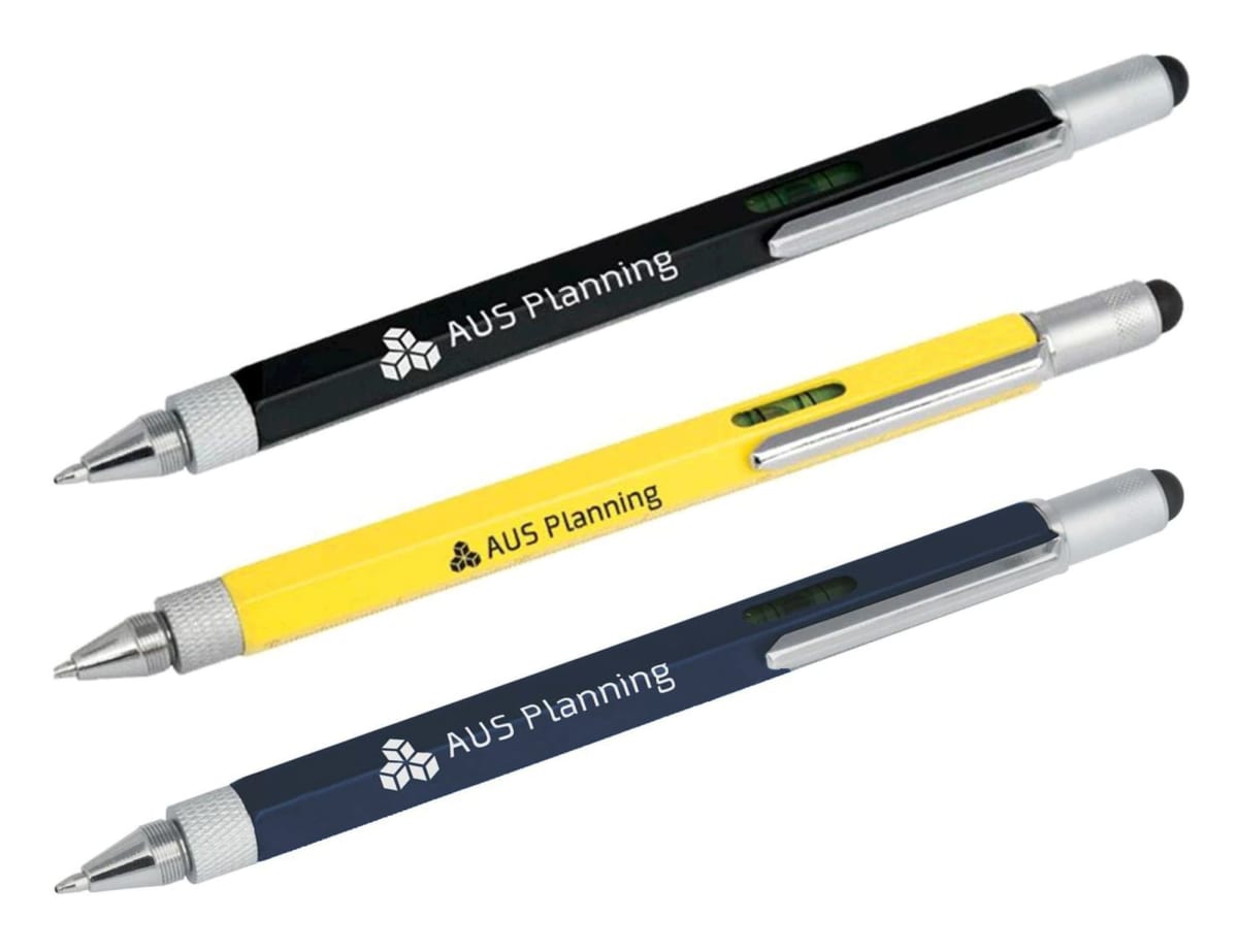 Three ballpoint pens with inscriptions AUS Planning on each, in black, yellow, and dark blue. Each pen features a silver clip and tip, with a stylus end, and includes a level tool on the barrel.
