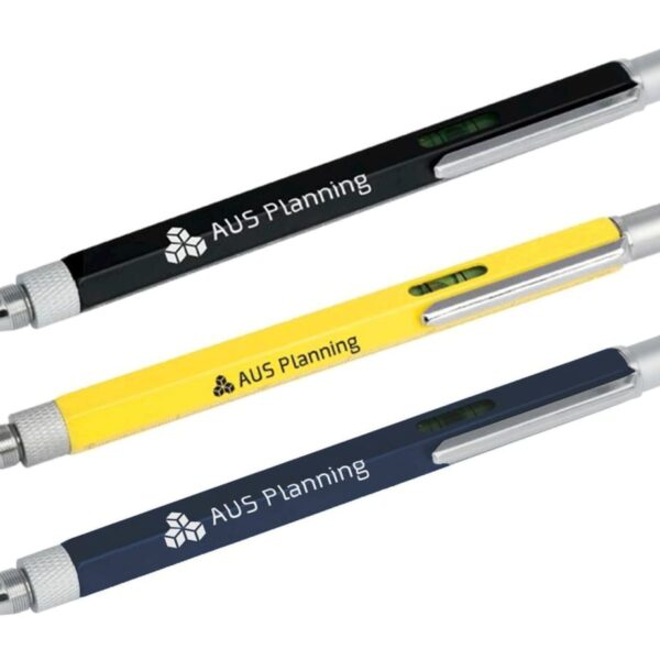 Three retractable ballpoint pens with stylus tips are shown. They are black, yellow, and blue, each featuring a AUS Planning logo and a built-in level.