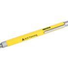 A yellow multi-functional pen featuring a stylus tip on one end and a ballpoint pen on the other. It has a built-in level and a silver pocket clip, with AUS Planning printed on the side.