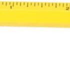 A yellow multifunctional tool pen featuring a built-in ruler and a small level. The pens cap is removed and placed on one side, while a screwdriver bit is detached and lying on the other side.