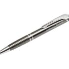 A silver and black ballpoint pen with a textured grip and a clip. The pen has booking rooms printed in white on the barrel, along with two stylized mountain peaks.