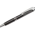 A black pen with a textured grip and a shiny silver clip. The words booking rooms are printed on the pen barrel.