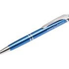 A blue ballpoint pen with a silver clip and tip. The pen features the text booking rooms and a logo on its barrel. The grip section has a textured pattern for enhanced grip.