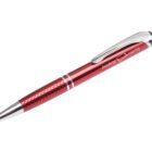 A metallic red ballpoint pen with a textured grip and a silver clip. The pen has booking rooms printed in white on the barrel.