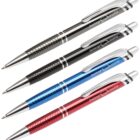 Four retractable ballpoint pens are arranged in parallel. They feature metallic grips with patterns and come in black, silver, blue, and red. Each pen is branded with the words booking rooms and an icon.