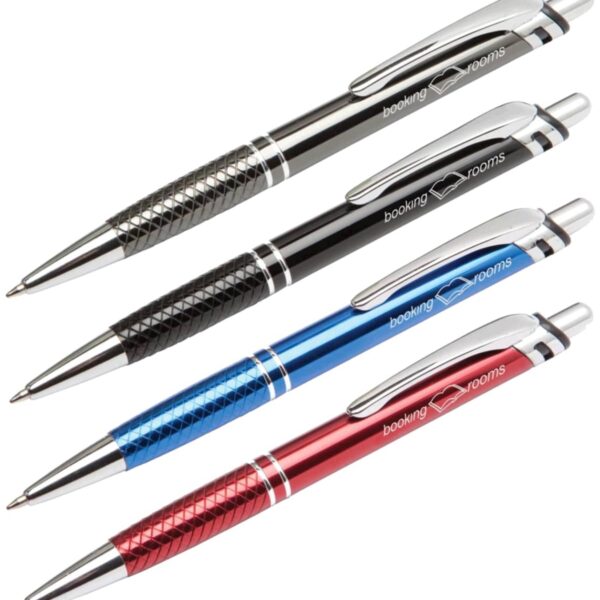 Four retractable ballpoint pens are arranged in parallel. They feature metallic grips with patterns and come in black, silver, blue, and red. Each pen is branded with the words booking rooms and an icon.