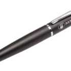 A sleek black ballpoint pen with a silver clip and ring. The pen has MMcatering printed on its side in white text.