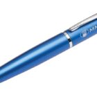 A sleek blue pen with a silver clip and tip, featuring the text MMcatering in white.
