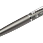 A sleek silver ballpoint pen with MMcatering engraved on the barrel, featuring a shiny metal clip and tip.