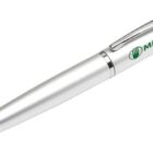 A sleek silver ballpoint pen with a shiny metal clip. The pen features the text MMcatering in green, accompanied by a stylized logo, near the top.