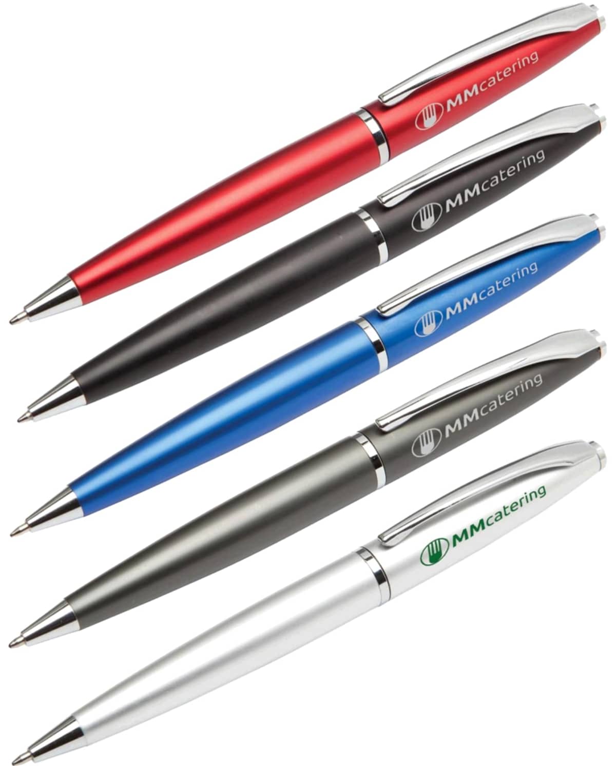 A set of five ballpoint pens in different colors: red, black, blue, silver, and white. Each pen has a clip and the text MMcatering printed on the body.