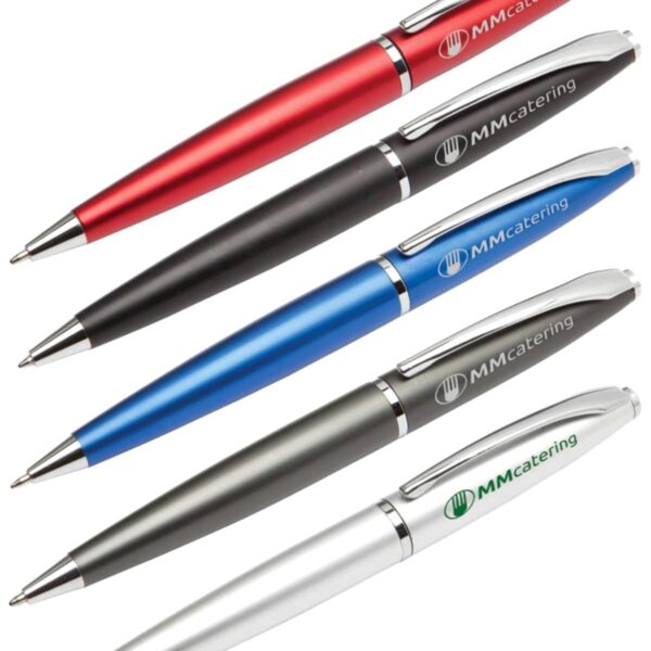 Five pens are arranged diagonally, each with a sleek metallic finish. The colors from top to bottom are red, black, blue, white, and silver. Each pen is branded with MMcatering near the clip.