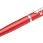 A sleek red ballpoint pen with a metallic finish and a silver clip, featuring the word ELECTRONICS printed in white on the side.